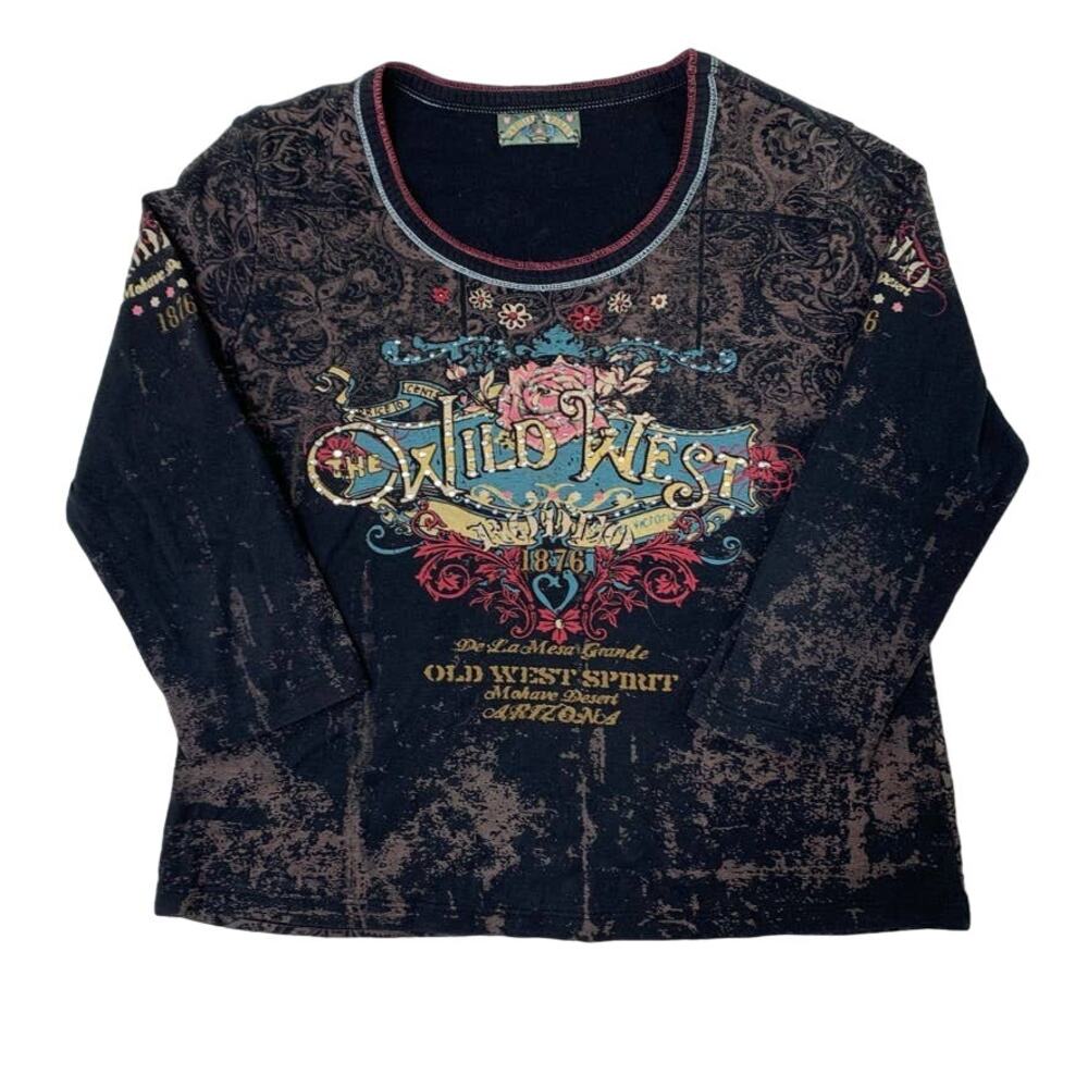 Y2K Graphic Poster Cowgirl Jeweled Wild West Americana Black Tshirt